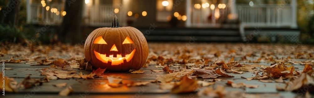 Fototapeta premium A serene jack-o-lantern on a porch step surrounded by autumn leaves at night