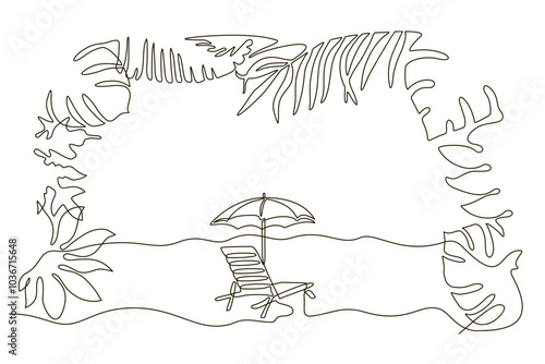 Beach umbrella and lounger near palm tree , continuous editable single line drawing. Leaves of palm trees, tropical plants in the form of a frame. Concept of summer vacation