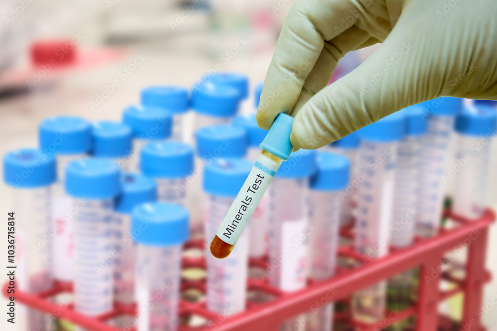 Blood Sample Collection in a Test Tube for Medical Testing and Research - Minerals - Laboratory Gloved Hand Holding a Test Tube in a Medical Research Setting Blood Sample Collection in a Test Tube for Medical Testing and Research - Minerals - Laboratory Gloved Hand Holding a Test Tube in a Medical Research Setting