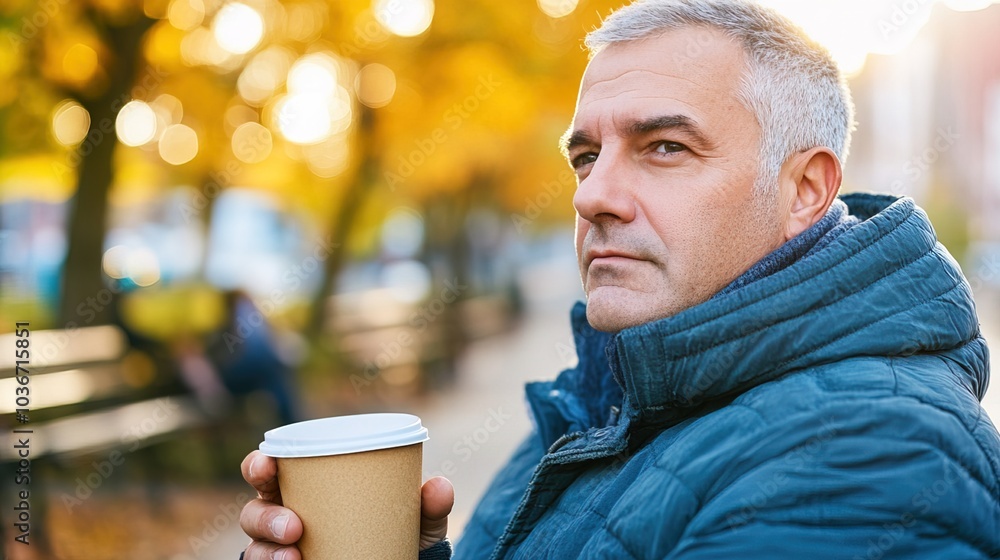 Middle-aged man with slight tremor holding cup of coffee on park bench, symbolizing struggle with Parkinson's disease, calm natural setting. Middle-aged man with slight tremor holding cup of coffee on park bench, symbolizing struggle with Parkinson's disease, calm natural setting.