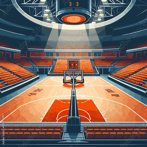 A basketball court with a scoreboard showing the score