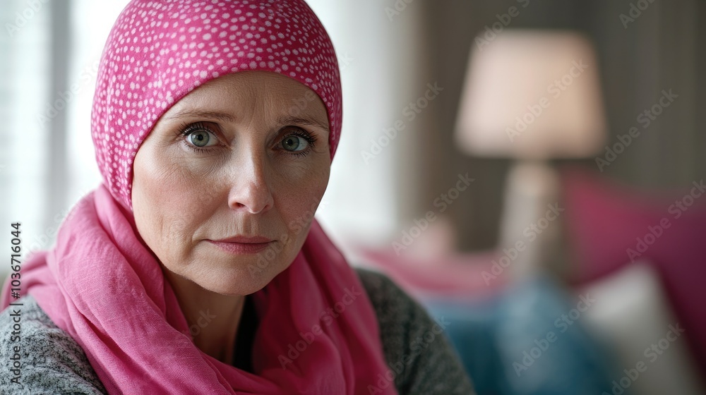 A older woman with cancer, wearing a pink scarf, looks directly into the camera Breast Cancer support A older woman with cancer, wearing a pink scarf, looks directly into the camera Breast Cancer support
