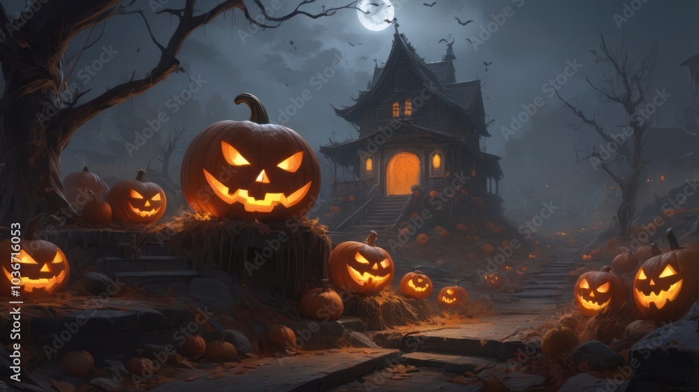 A spooky Halloween scene with a haunted house, jack-o-lanterns, and a full moon. A spooky Halloween scene with a haunted house, jack-o-lanterns, and a full moon.