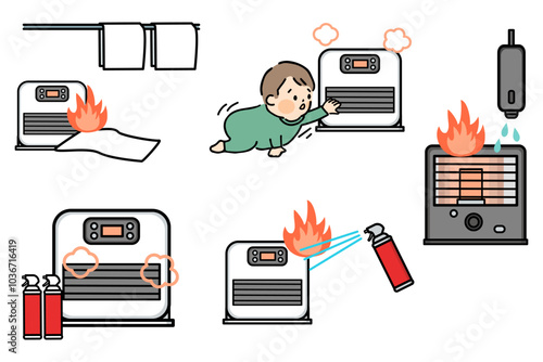 ストーブ・ファンヒーター火災事故イラストセット