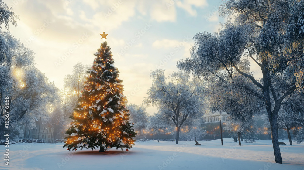 Christmas Tree And Gift Boxes On Snow In day With Shiny Star and Forest Christmas Tree And Gift Boxes On Snow In day With Shiny Star and Forest