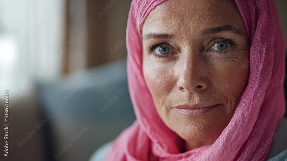 A older woman with cancer, wearing a pink scarf, looks directly into the camera Breast Cancer support A older woman with cancer, wearing a pink scarf, looks directly into the camera Breast Cancer support