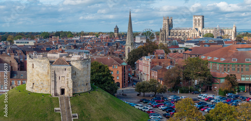 York England. October  Aerial panoramic  view of York City Centre on a sunny day looking from south near Cliffords tower and museum to York Minster Cathedral 