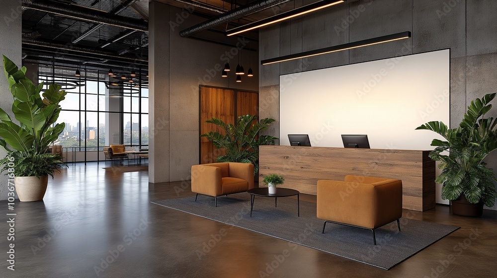 Fototapeta premium Modern Reception Area with Cozy Seating and Plants