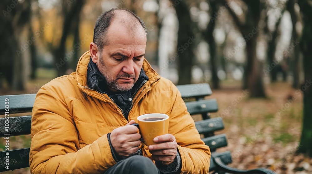 Middle-aged man with slight tremor holding cup of coffee on park bench, symbolizing struggle with Parkinson's disease, calm natural setting. Middle-aged man with slight tremor holding cup of coffee on park bench, symbolizing struggle with Parkinson's disease, calm natural setting.