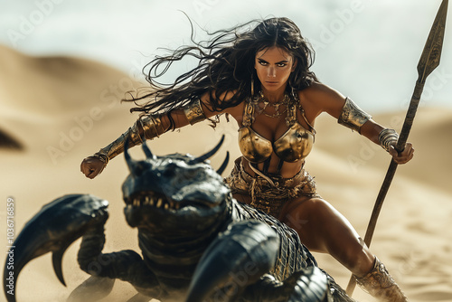 Beautiful girl a warrior riding a scary monster in the desert. Fantasy battle concept.