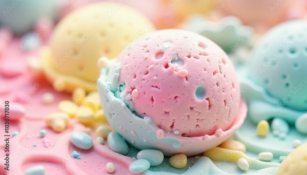 Obraz premium Colorful ice cream scoops in pastel hues with sprinkles and copy space