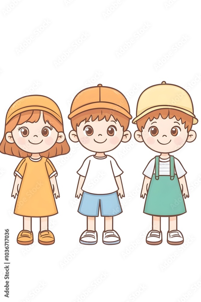 Three cheerful cartoon children, a girl and two boys, wearing colorful outfits and hats, showcasing playful expressions and bright colors. Three cheerful cartoon children, a girl and two boys, wearing colorful outfits and hats, showcasing playful expressions and bright colors.