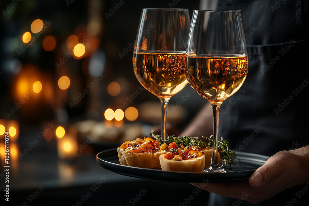 Naklejka premium Wine in the wine glasses and sushi snack on a tray in waiter hands close up on a restaraunt background.