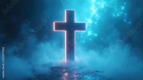 A sleek metallic cross with glowing neon edges floating in a soft futuristic blue mist, the background is ethereal and dreamlike.