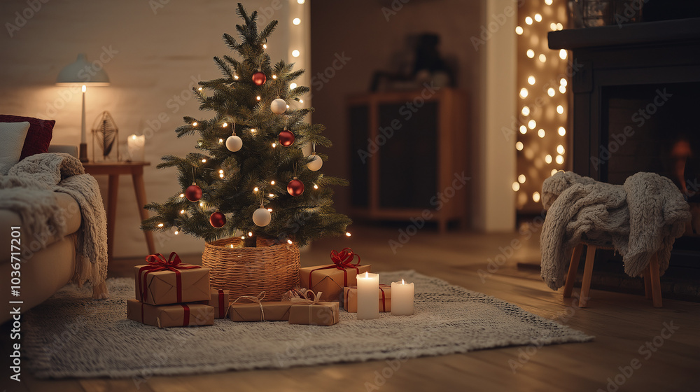 Minimalist Scandinavian Christmas tree adorned with handmade wooden ornaments, red ribbons, and white fairy lights. Gifts wrapped in kraft paper sit beneath, complemented by cozy rugs, throws Minimalist Scandinavian Christmas tree adorned with handmade wooden ornaments, red ribbons, and white fairy lights. Gifts wrapped in kraft paper sit beneath, complemented by cozy rugs, throws