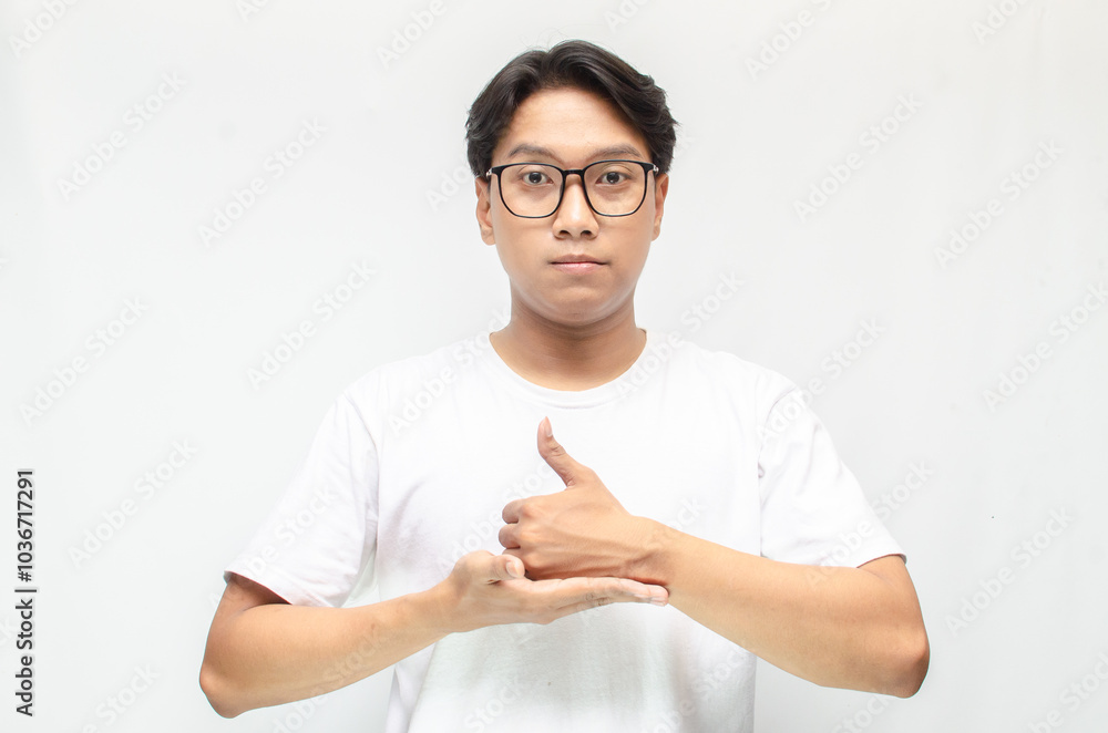 asian young students happily using sign language isolated against white background. Asian man showing interpretation sign in deaf language. asian young students happily using sign language isolated against white background. Asian man showing interpretation sign in deaf language.