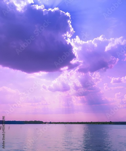 Serene lake view under a dramatic purple sky.