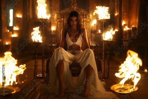 Beautiful Ancient Egypt goddess queen woman sits on the golden throne concept background.