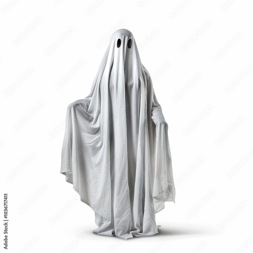 Ghost costume standing on a white background with arms outstretched Ghost costume standing on a white background with arms outstretched