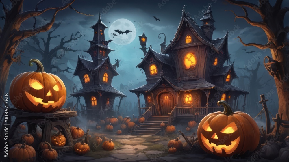 A spooky, dark, and mysterious haunted house with glowing windows and jack-o-lanterns.