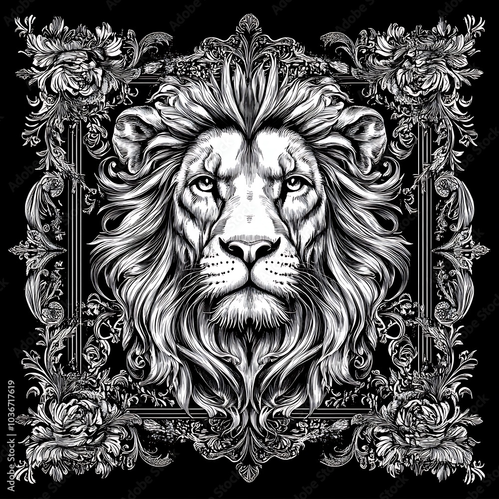 A majestic lion head with a detailed ornate frame. A majestic lion head with a detailed ornate frame.