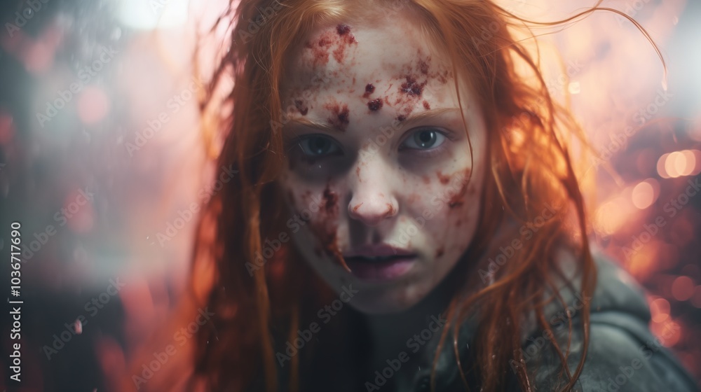 Pale Red-Haired Girl with Scars in Apocalyptic Battle Scene Pale Red-Haired Girl with Scars in Apocalyptic Battle Scene