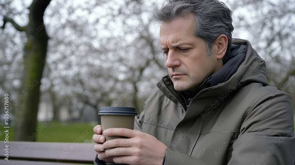 Middle-aged man with slight tremor holding cup of coffee on park bench, symbolizing struggle with Parkinson's disease, calm natural setting. Middle-aged man with slight tremor holding cup of coffee on park bench, symbolizing struggle with Parkinson's disease, calm natural setting.