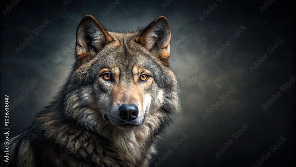 Majestic Wolf Gazing at Camera, Isolated on Dark Background with Ample Copy Space for Text, Perfect for Nature Enthusiasts and Wildlife Lovers Majestic Wolf Gazing at Camera, Isolated on Dark Background with Ample Copy Space for Text, Perfect for Nature Enthusiasts and Wildlife Lovers