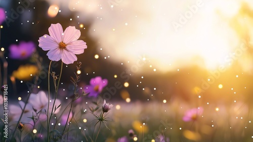 Sunrise Glow Over Pink Flowers in a Meadow