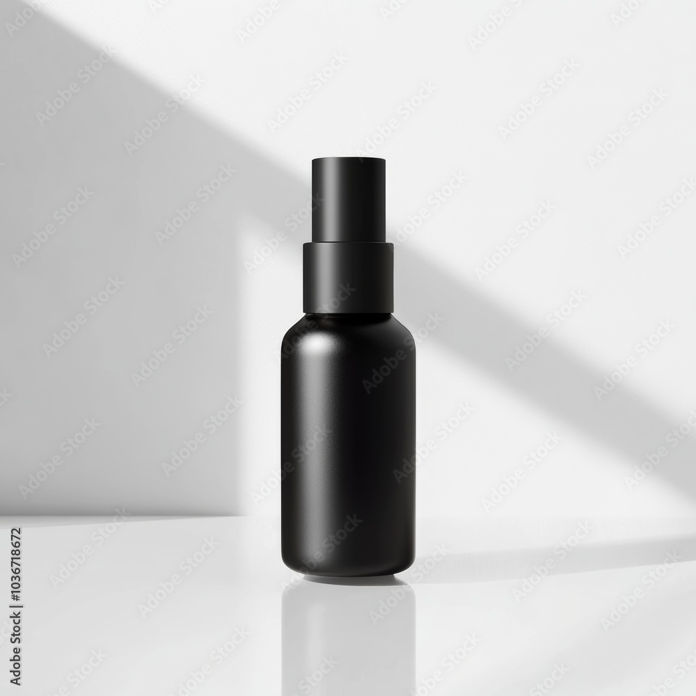A luxury skincare serum bottle with a matte finish and simple label, standing upright on a clean white surface with subtle reflections A luxury skincare serum bottle with a matte finish and simple label, standing upright on a clean white surface with subtle reflections
