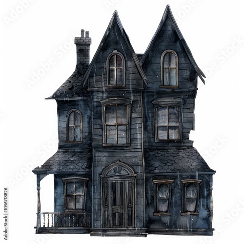 Watercolor illustration of a spooky abandoned house with boarded up windows photo