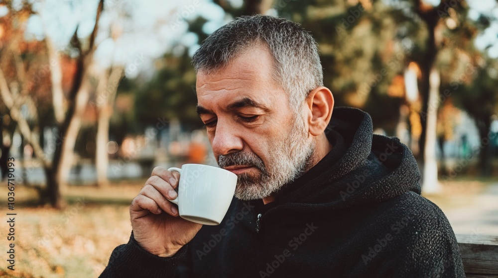 Middle-aged man with slight tremor holding cup of coffee on park bench, symbolizing struggle with Parkinson's disease, calm natural setting. Middle-aged man with slight tremor holding cup of coffee on park bench, symbolizing struggle with Parkinson's disease, calm natural setting.