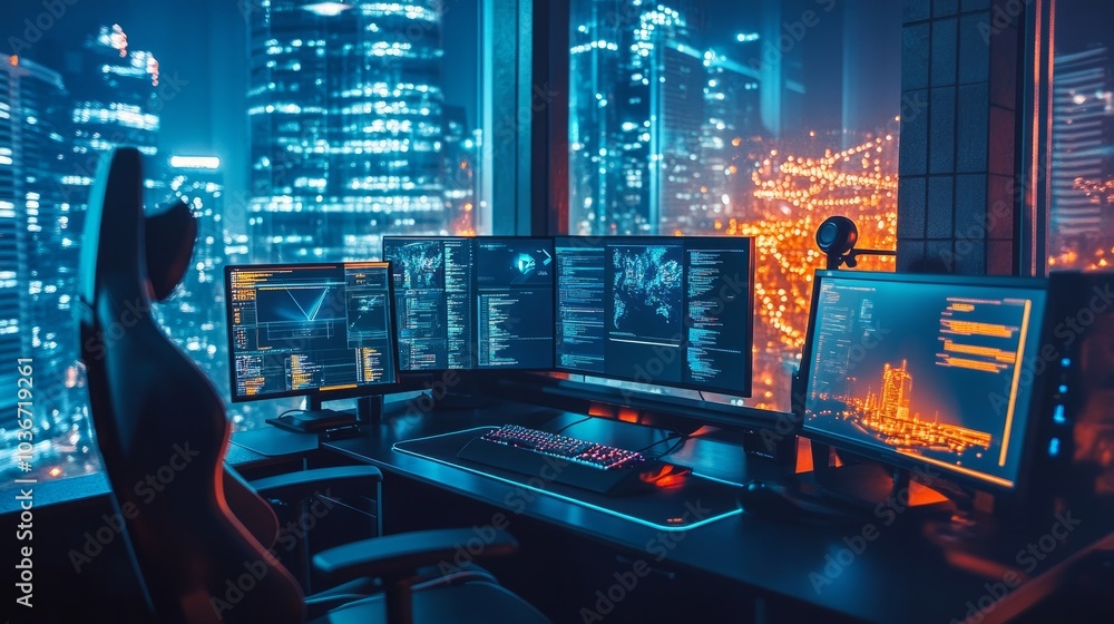 An elite gaming station with two ergonomic chairs, multiple displays, and a high-performance computer, with city lights outside An elite gaming station with two ergonomic chairs, multiple displays, and a high-performance computer, with city lights outside