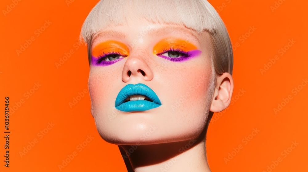 A bold beauty shot of a Scandinavian model with electric blue lipstick and bright orange blush, her pale complexion contrasting with fluorescent purple, embodying strength and resilience. A bold beauty shot of a Scandinavian model with electric blue lipstick and bright orange blush, her pale complexion contrasting with fluorescent purple, embodying strength and resilience.