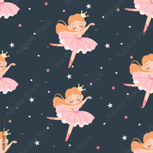 Seamless vector pattern in children's style. Cute ballerina and stars on dark background . Vector illustration