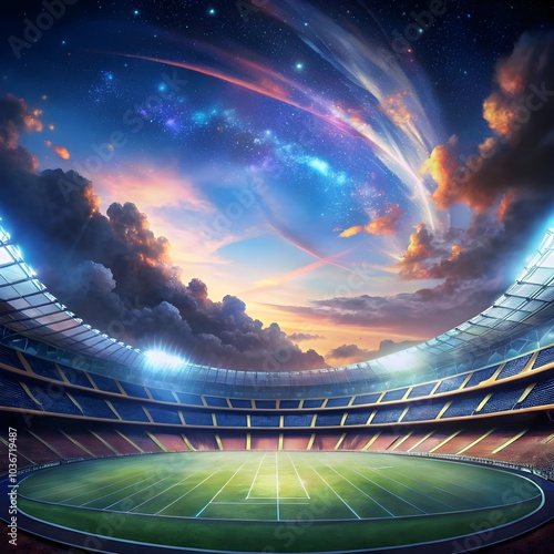 empty soccer stadium with dreamy fantasy view of