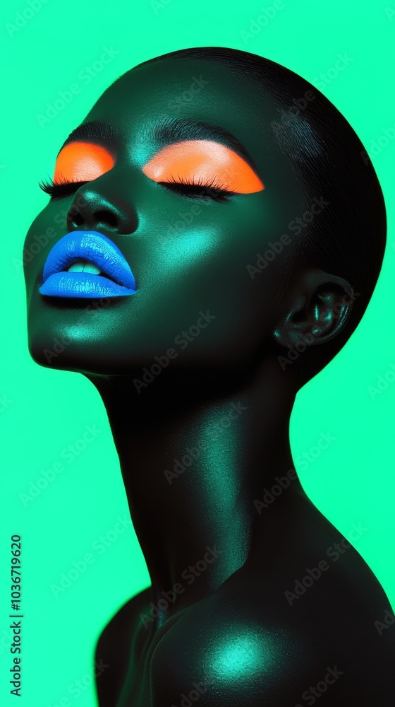 A bold beauty shot of a model with electric blue lipstick, bright orange blush, fluorescent purple eyeshadow, and shimmering highlighter, sharply contrasting with her skin. A bold beauty shot of a model with electric blue lipstick, bright orange blush, fluorescent purple eyeshadow, and shimmering highlighter, sharply contrasting with her skin.