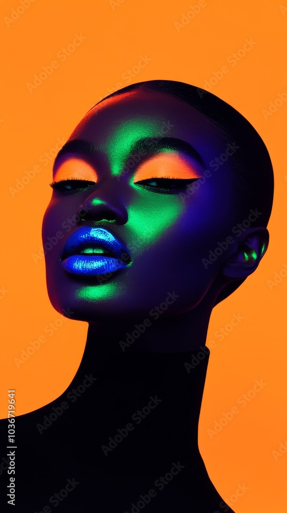 A bold beauty shot focusing on a model with electric blue lipstick, bright orange blush, fluorescent purple eyeshadow, and shimmering highlighter, sharply contrasting with her skin. A bold beauty shot focusing on a model with electric blue lipstick, bright orange blush, fluorescent purple eyeshadow, and shimmering highlighter, sharply contrasting with her skin.