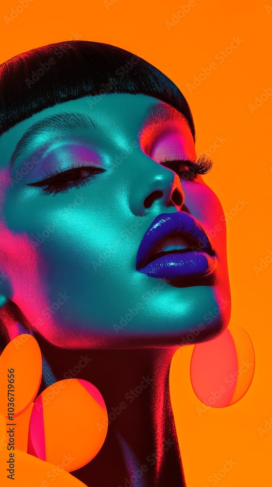 A bold beauty shot of a model with electric blue lipstick and bright orange blush, sharply contrasting with her skin, accented by fluorescent purple eyeshadow and shimmering highlighter. A bold beauty shot of a model with electric blue lipstick and bright orange blush, sharply contrasting with her skin, accented by fluorescent purple eyeshadow and shimmering highlighter.