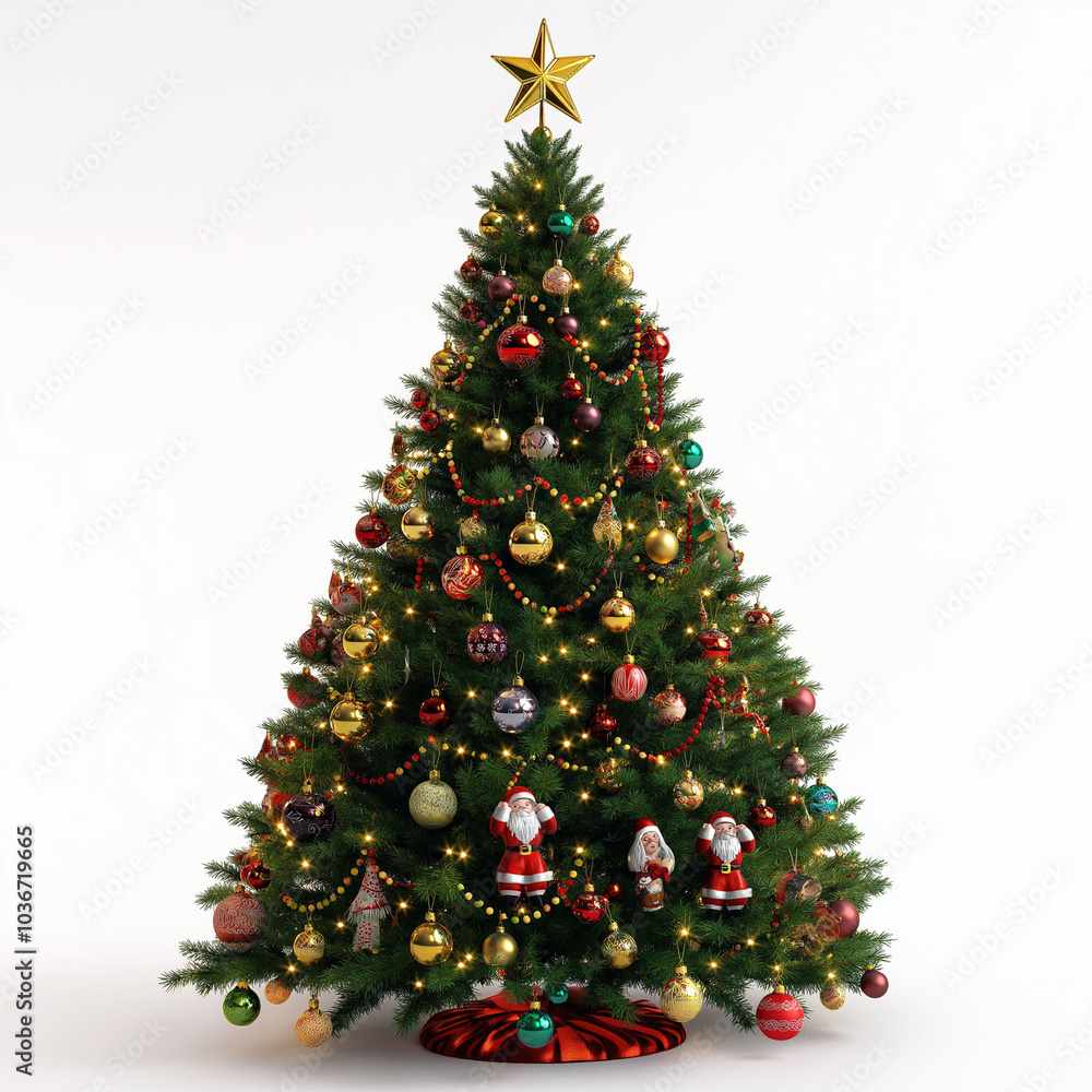 Christmas tree decorated with ornaments and festive lights isolated on white Christmas tree decorated with ornaments and festive lights isolated on white