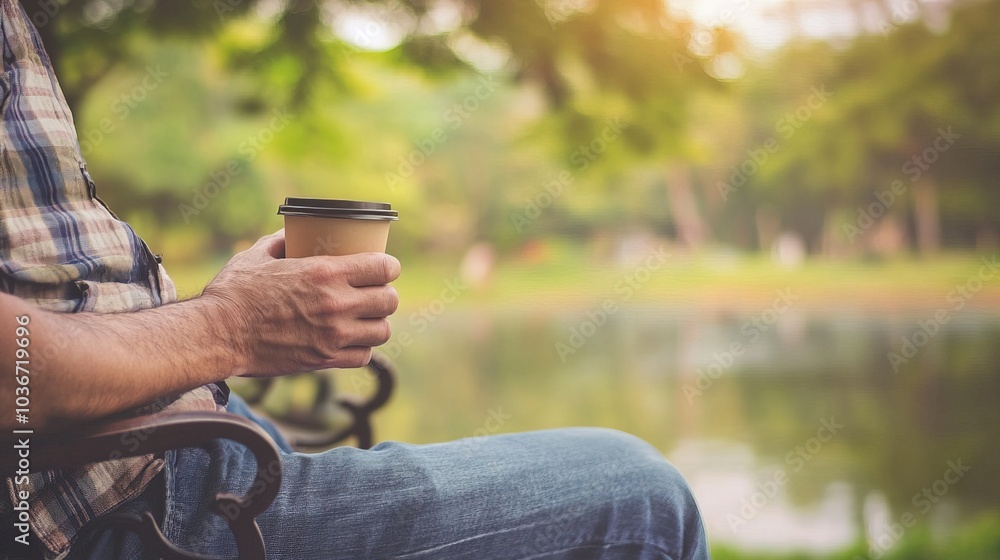 Middle-aged man with slight tremor holding cup of coffee on park bench, symbolizing struggle with Parkinson's disease, calm natural setting. Middle-aged man with slight tremor holding cup of coffee on park bench, symbolizing struggle with Parkinson's disease, calm natural setting.
