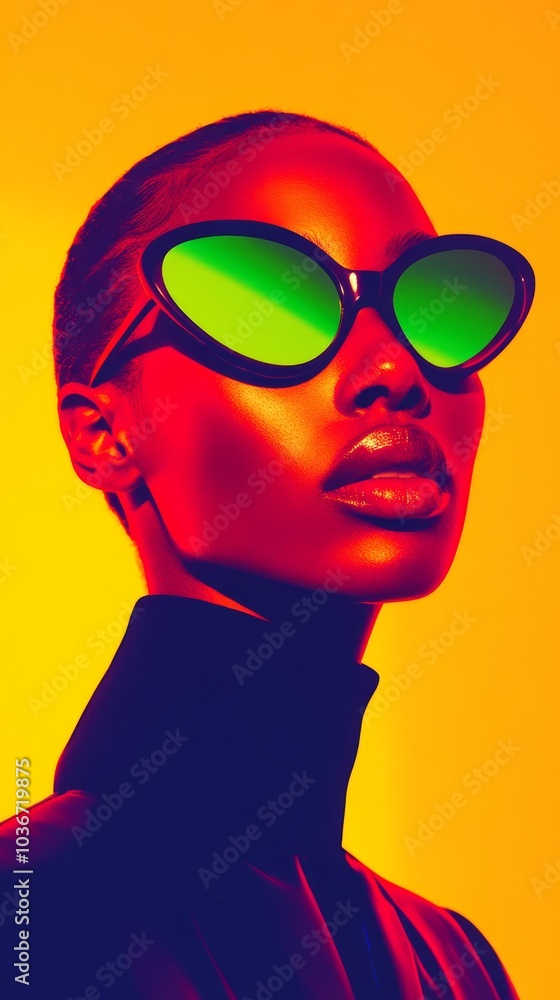 A bold high-contrast image of a model wearing neon green sunglasses and an electric blue jacket with her silhouette slightly blurred to emphasize motion, against a vibrant magenta background. A bold high-contrast image of a model wearing neon green sunglasses and an electric blue jacket with her silhouette slightly blurred to emphasize motion, against a vibrant magenta background.