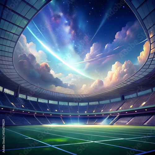 empty soccer stadium with dreamy fantasy view of