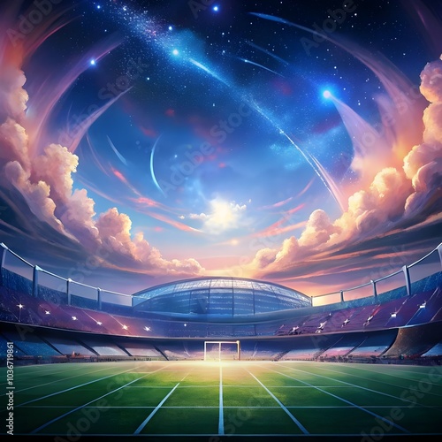 empty soccer stadium with dreamy fantasy view of