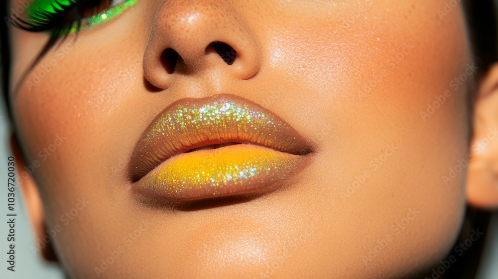Fototapeta premium A closeup of a Latina model with acid green eyeliner and holographic lip gloss, reflecting passion and vitality, with bright colors emphasizing her warm skin tone and glowing yellow highlighter.