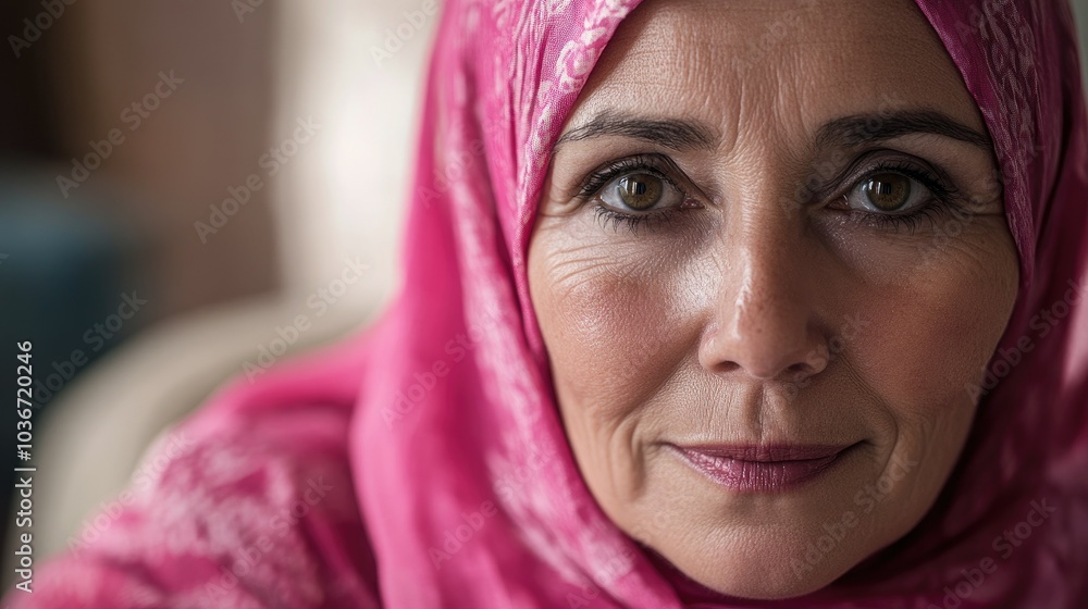 A older woman with cancer, wearing a pink scarf, looks directly into the camera Breast Cancer support A older woman with cancer, wearing a pink scarf, looks directly into the camera Breast Cancer support