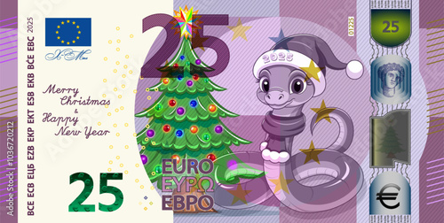 Vector festive fictional banknote of European Union with face value of 25 euros. Cartoon fir tree and cute snake. Symbol of 2025. Merry Christmas and Happy New Year. Game holiday money, certificate.