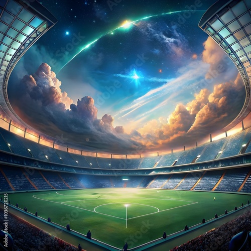 empty soccer stadium with dreamy fantasy view of