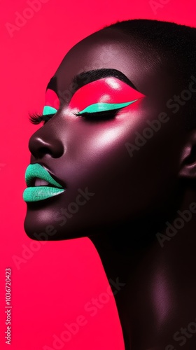 A dynamic beauty shot of a model with bright red eyeshadow and neon purple lips, capturing a mood of mystery and intrigue, with acid green highlighter reflecting light under cyan and magenta lighting.