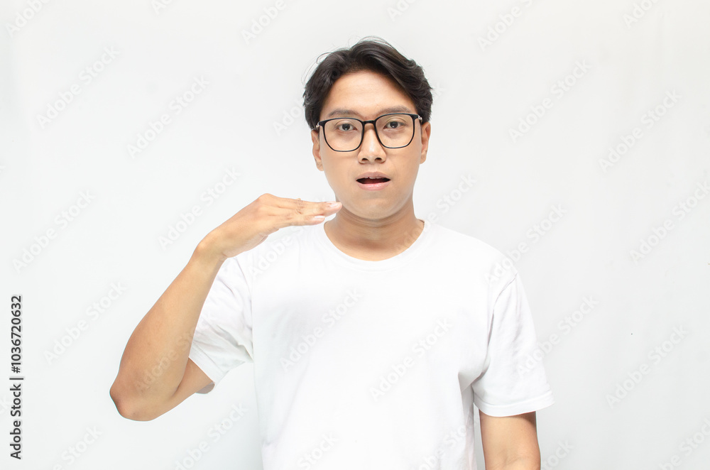 asian young students happily using sign language isolated against white background. Asian man showing interpretation sign in deaf language. asian young students happily using sign language isolated against white background. Asian man showing interpretation sign in deaf language.